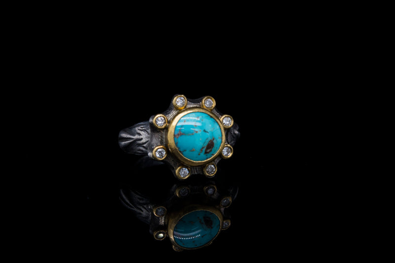 24k Solid Gold and Silver Ring with Diamonds and Turquoise