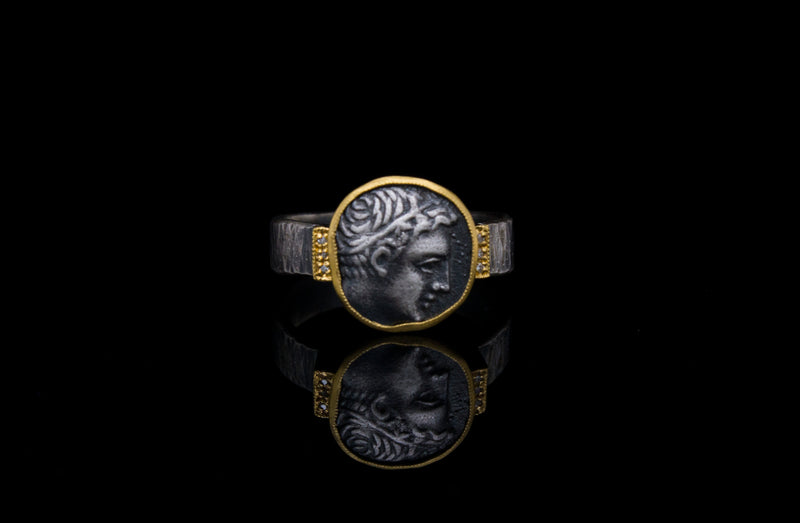24k Gold and Silver Ring Depicting Alexander the Great with Diamonds