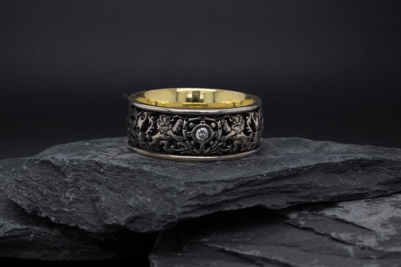8mm Custom Made Silver Ring with Yellow Gold Plated Interior, Medieval Style Engravings, 2 Lions, Shield and Center Diamond
