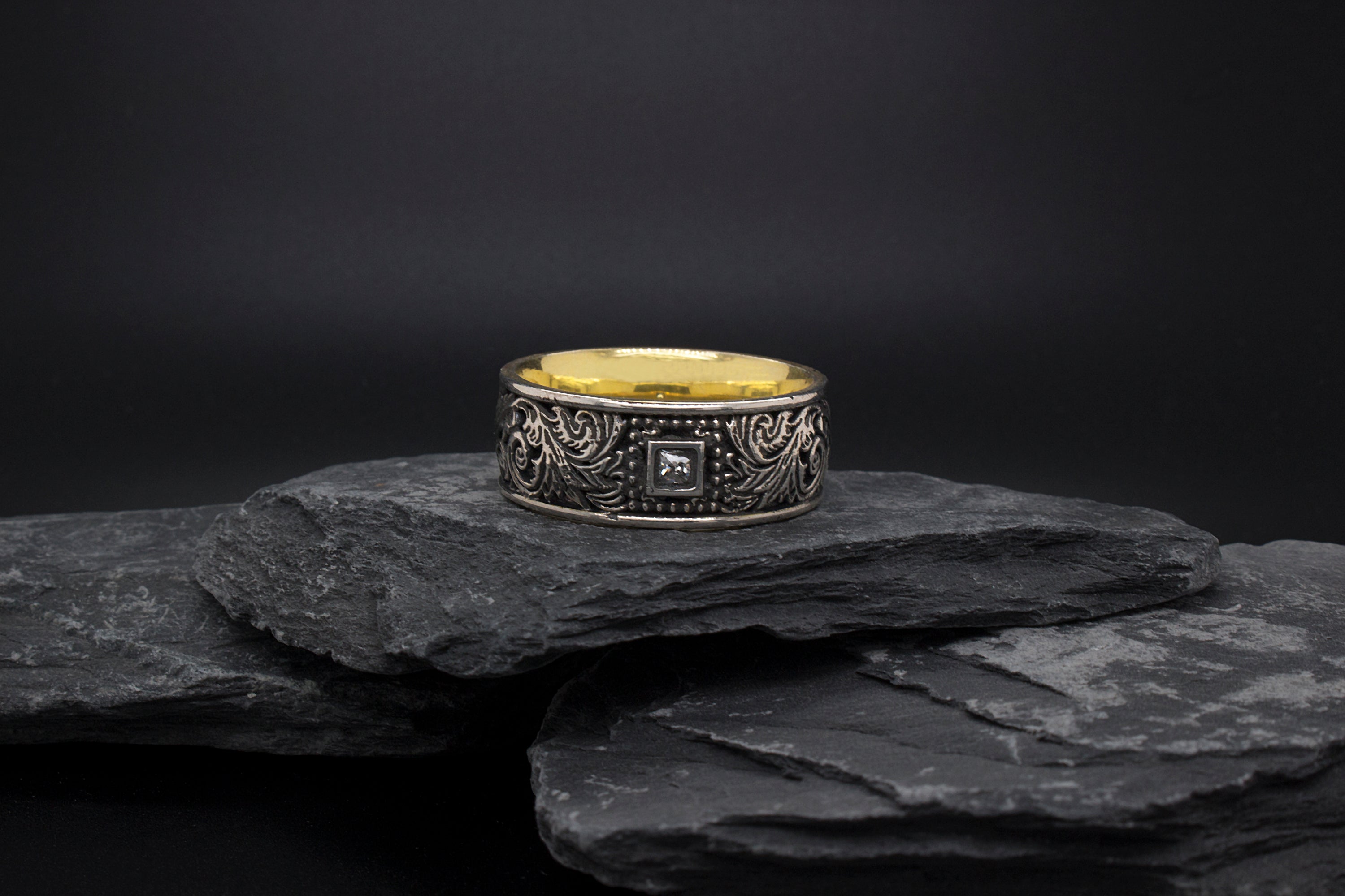 8mm Custom Made, Flat Shaped, Silver Ring with Yellow Gold Plated Interior, Victorian Style Engravings and Square Shaped Diamond
