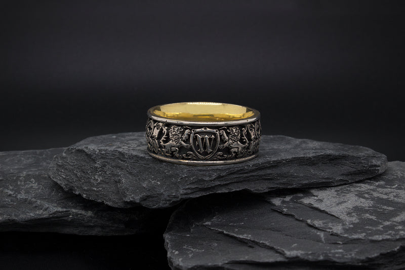 8mm Custom Made, Dome Shaped Silver Ring with Yellow Gold Plated Interior, Medieval Style Engravings, Shield, Personalized Initial and 2 Lions