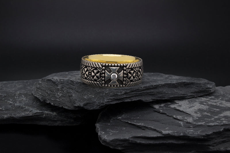 8mm Custom Made, Silver Ring with Yellow Gold Plated Interior, Celtic Cross Engravings and Diamond