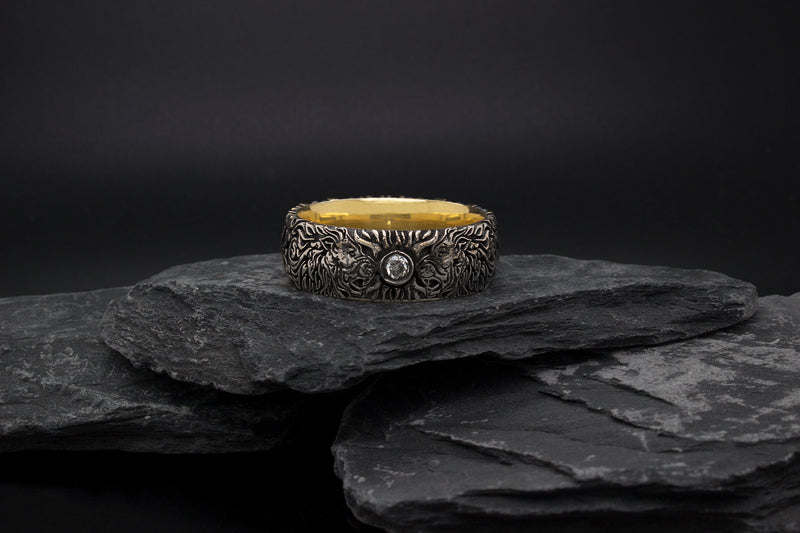 7mm Custom Made, Dome Shaped Silver Ring with Medieval Inspired Engravings, 2 Lion Heads and Center Round Shaped Diamond