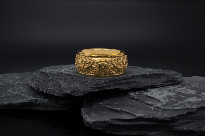 8mm Custom Made Dome Shaped Solid Gold Ring with Medieval Engravings, Monogram and 2 Lions