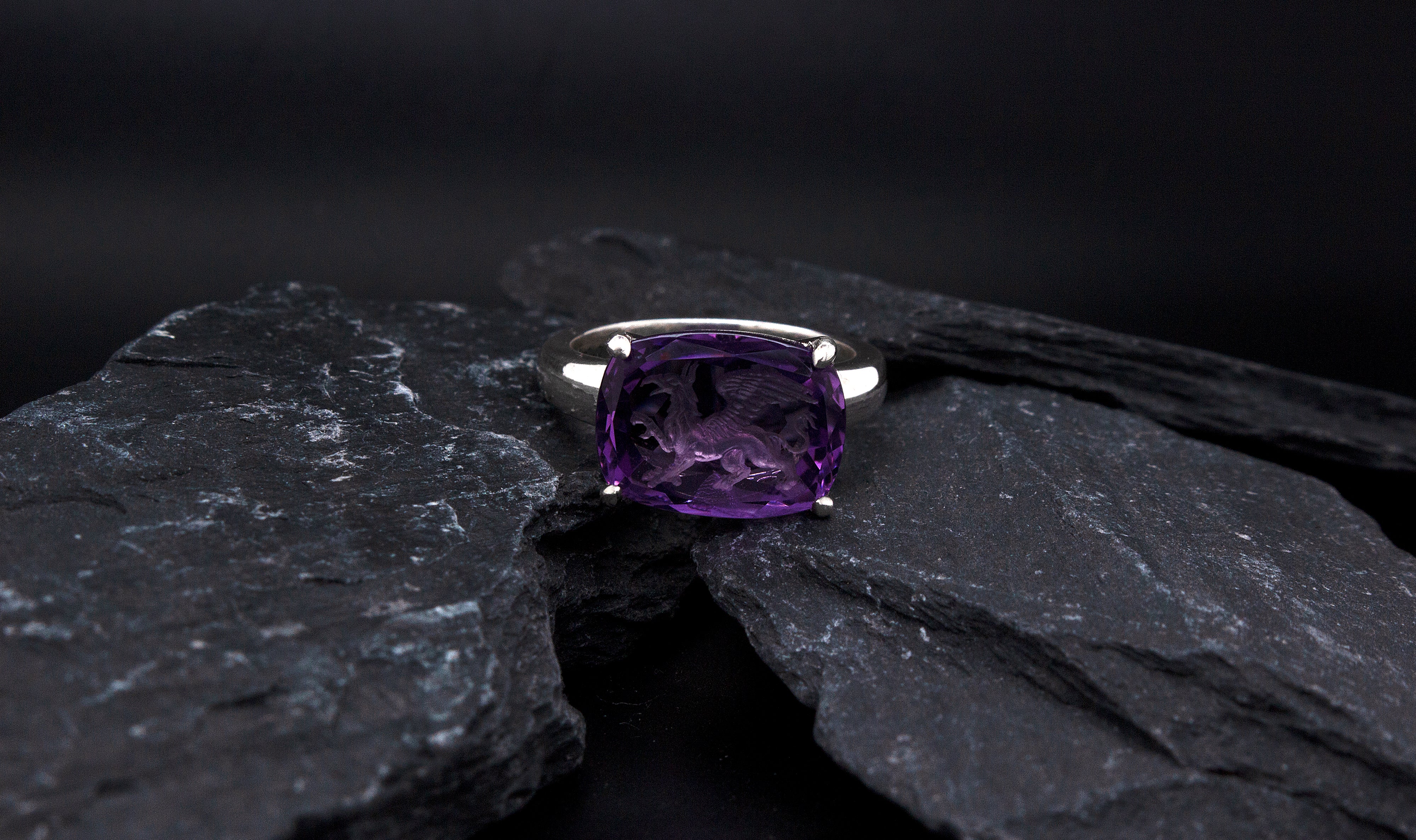 Hand Carved Amethyst Intaglio Ring Depicting Griffin