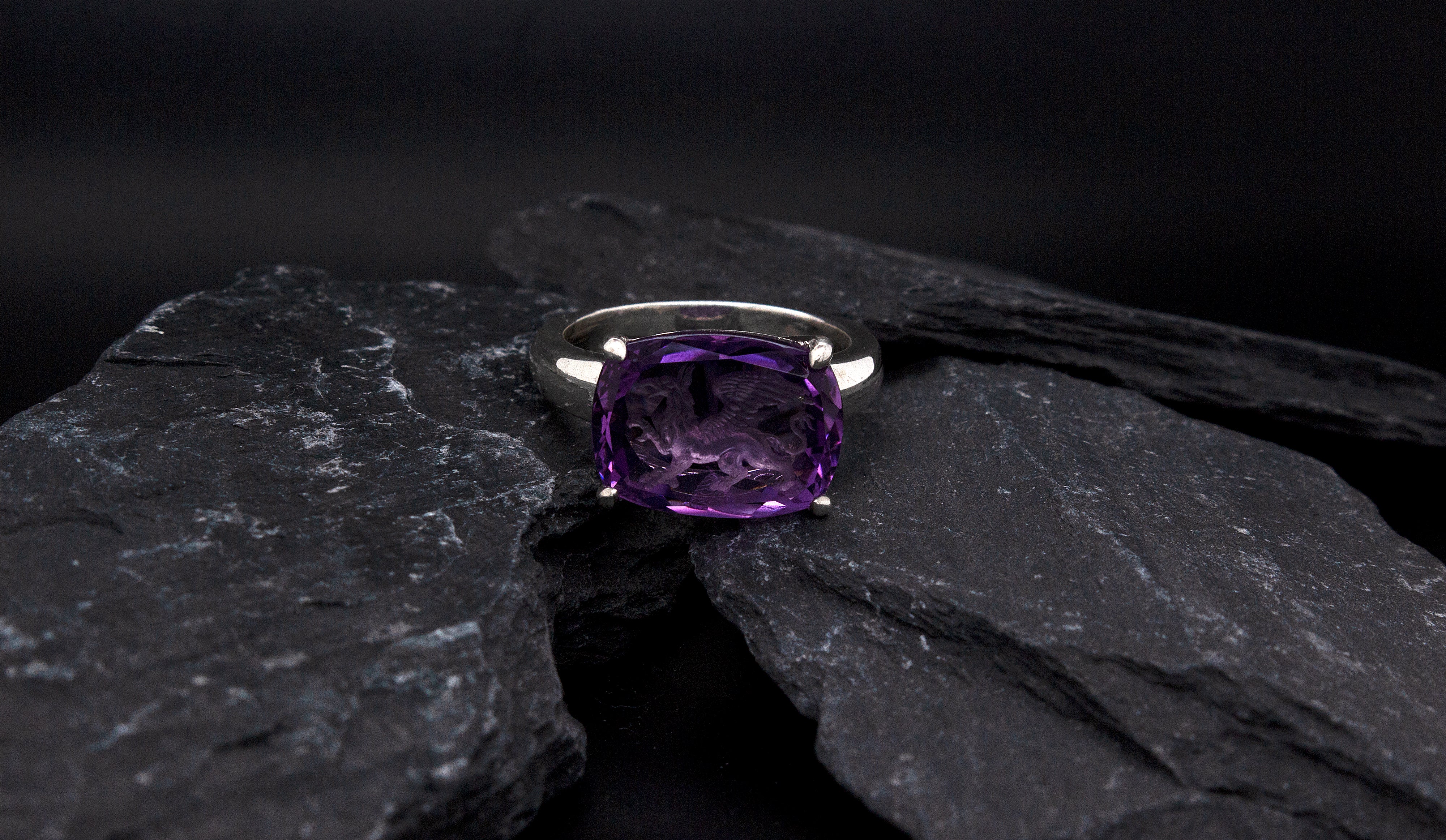 Hand Carved Amethyst Intaglio Ring Depicting Griffin