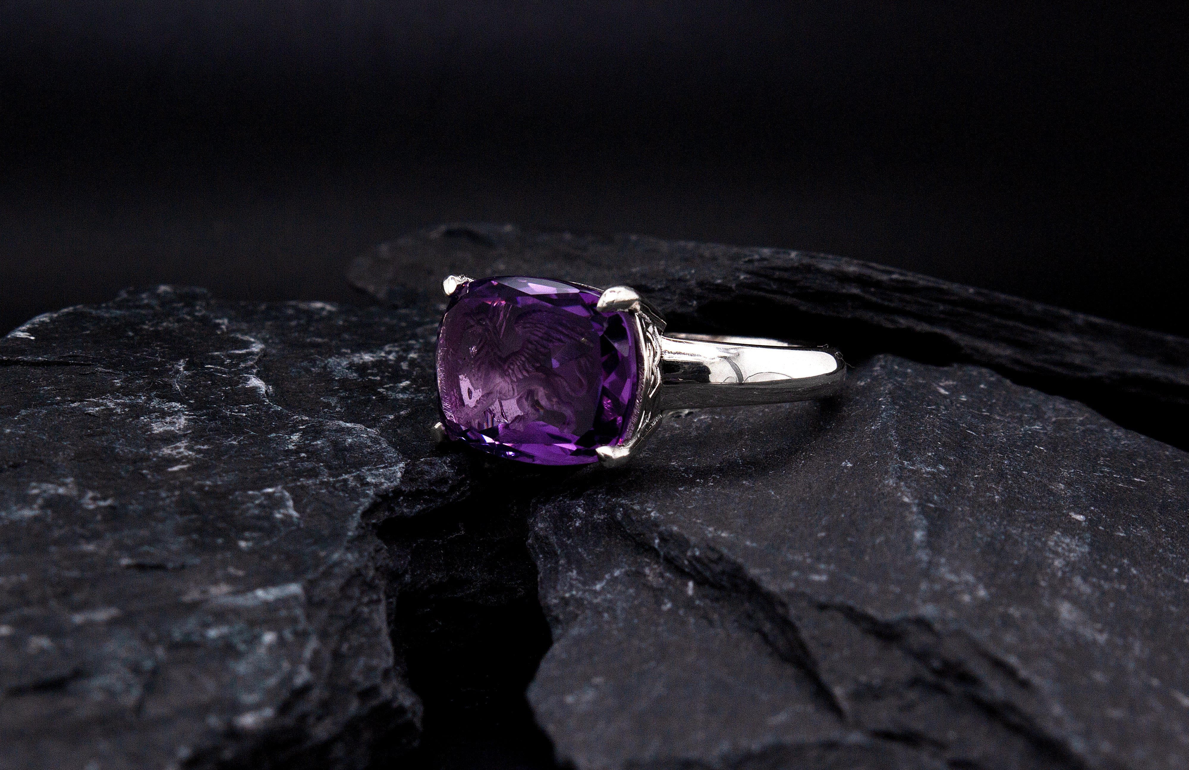 Hand Carved Amethyst Intaglio Ring Depicting Griffin