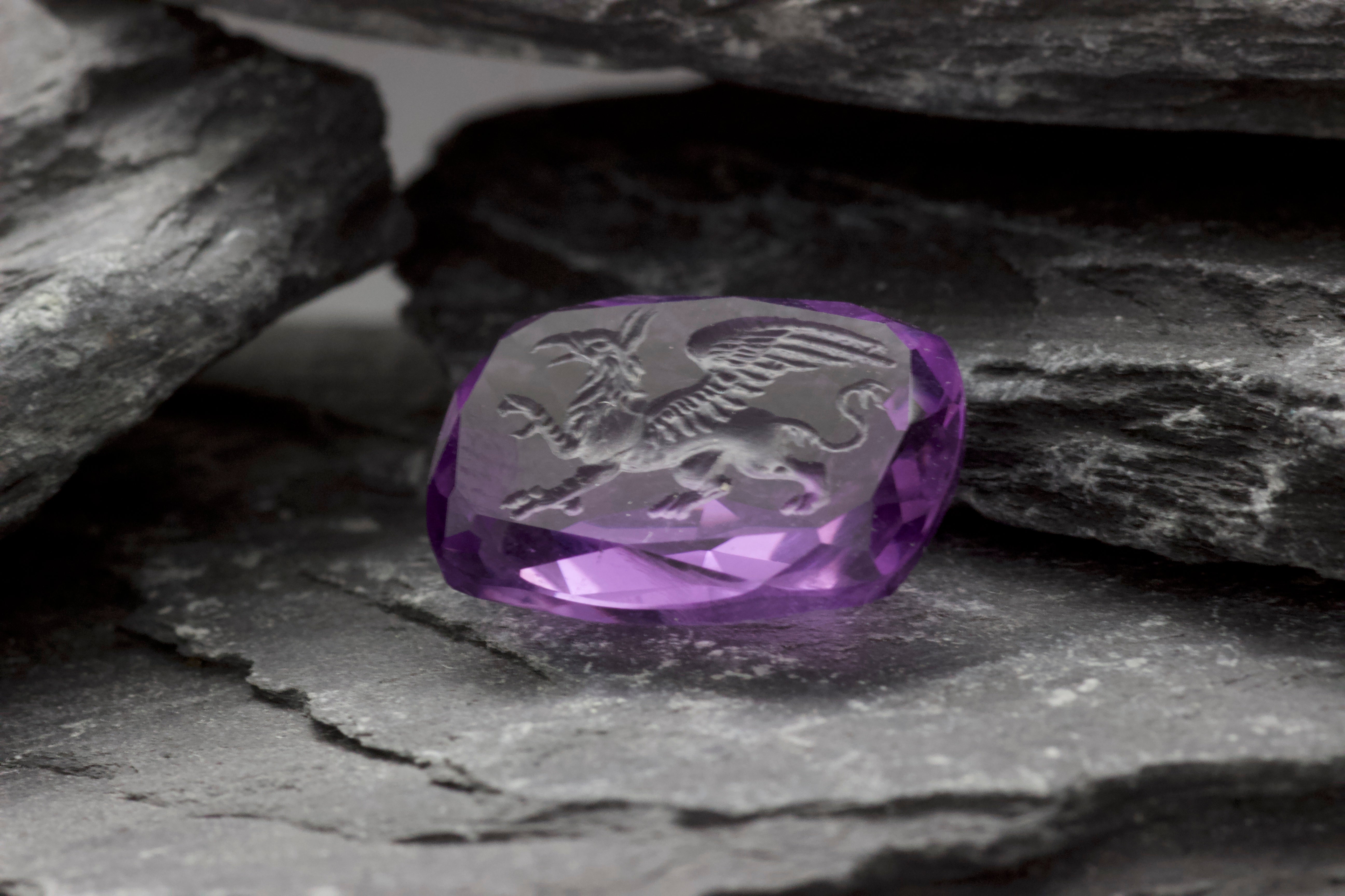 Hand Carved Amethyst Intaglio Ring Depicting Griffin