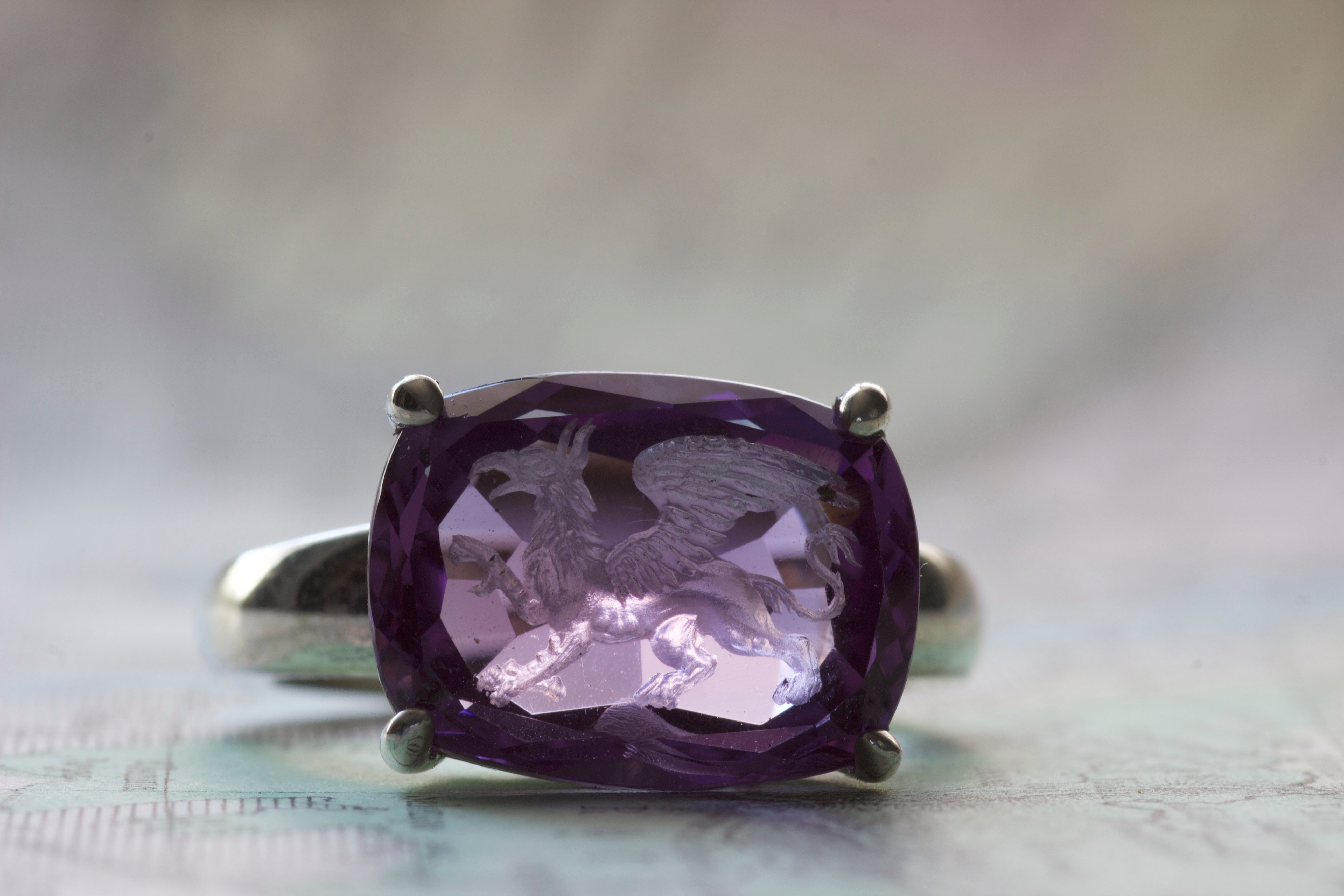 Hand Carved Amethyst Intaglio Ring Depicting Griffin
