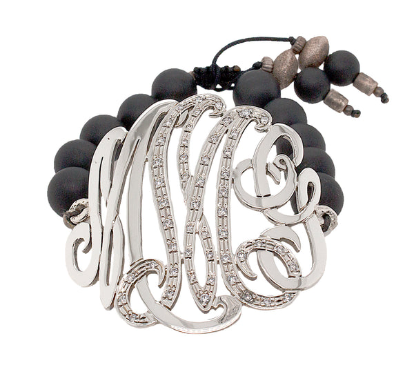 silver, silver bracelet on white background, monogram, monogram bracelet, beaded bracelet, black beads, matte beads, adjustable bracelet, cubic zirconia bracelet, adjustable bracelet, custom made, initial, initial bracelet