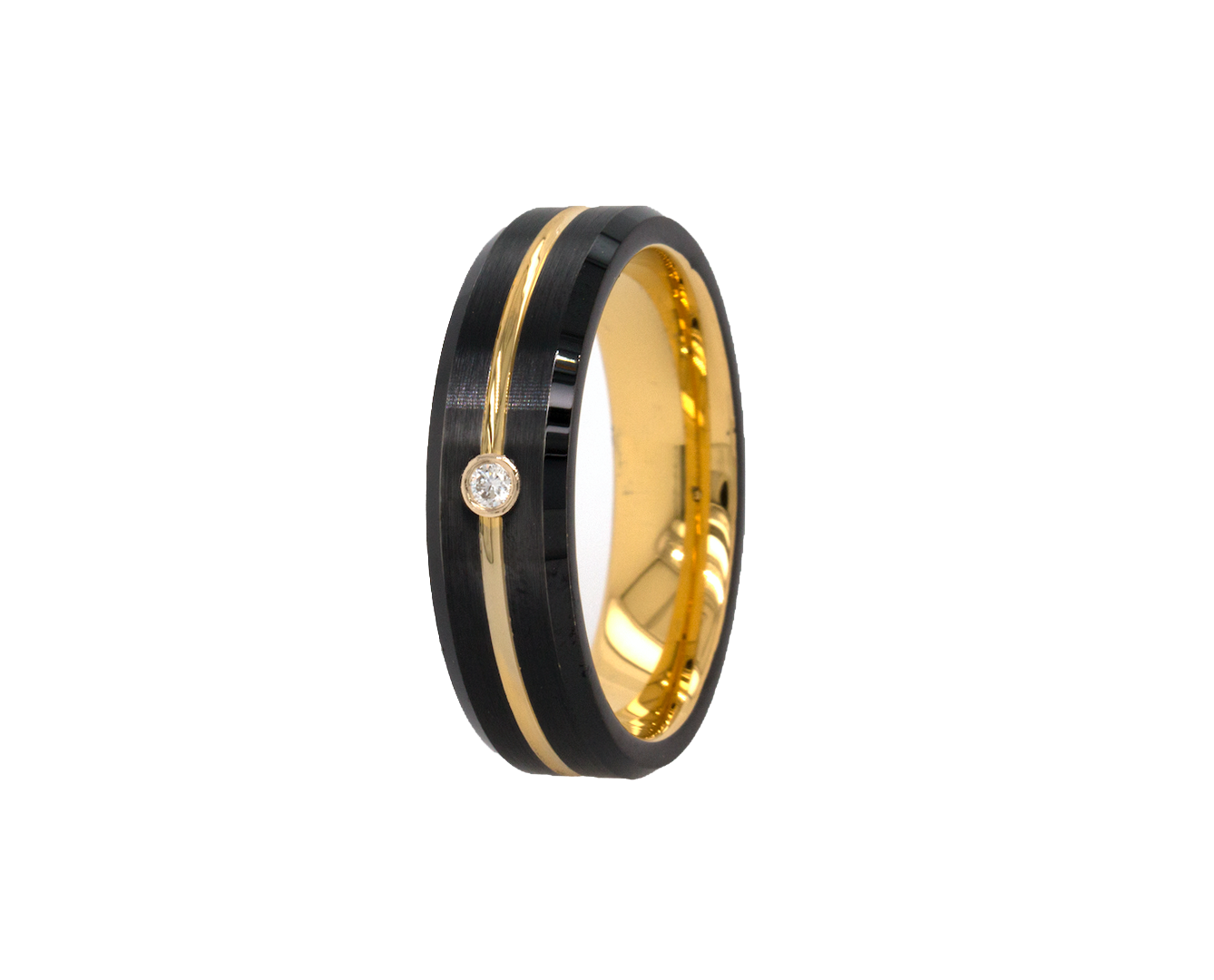 ring, ring on white background, mens wedding band, women's wedding band, 7mm ring, black ring, black plated ring, yellow gold ring, diamond ring, flat shaped ring, ring with groove, diamond wedding band