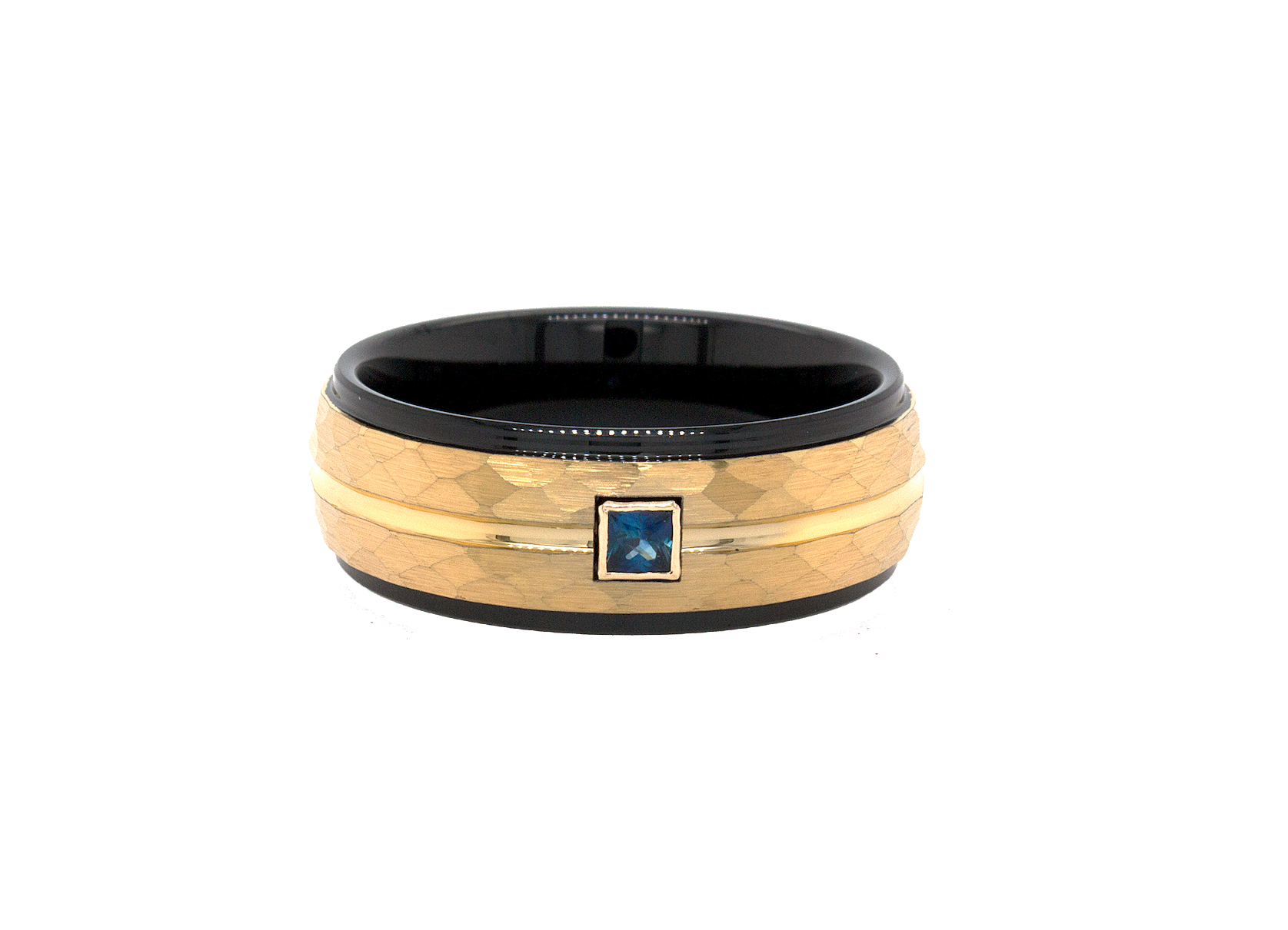 ring, ring on white background, gold plated ring, hammered ring, black and gold ring, black plated interior, gemstone, gemstone ring, sapphire ring, wedding band, mens wedding band, womens wedding band
