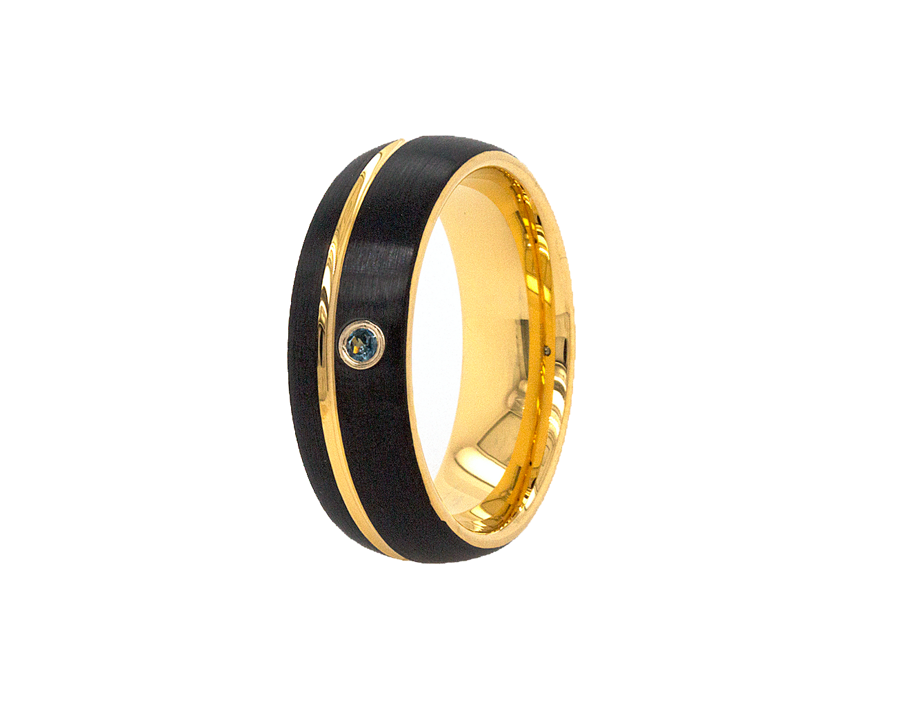 ring, ring on white background, tungsten ring, dome shaped ring, black ring, yellow gold ring, grooved ring, ring with gemstone, gemstone, aquamarine, wedding band, mens rings, women's rings