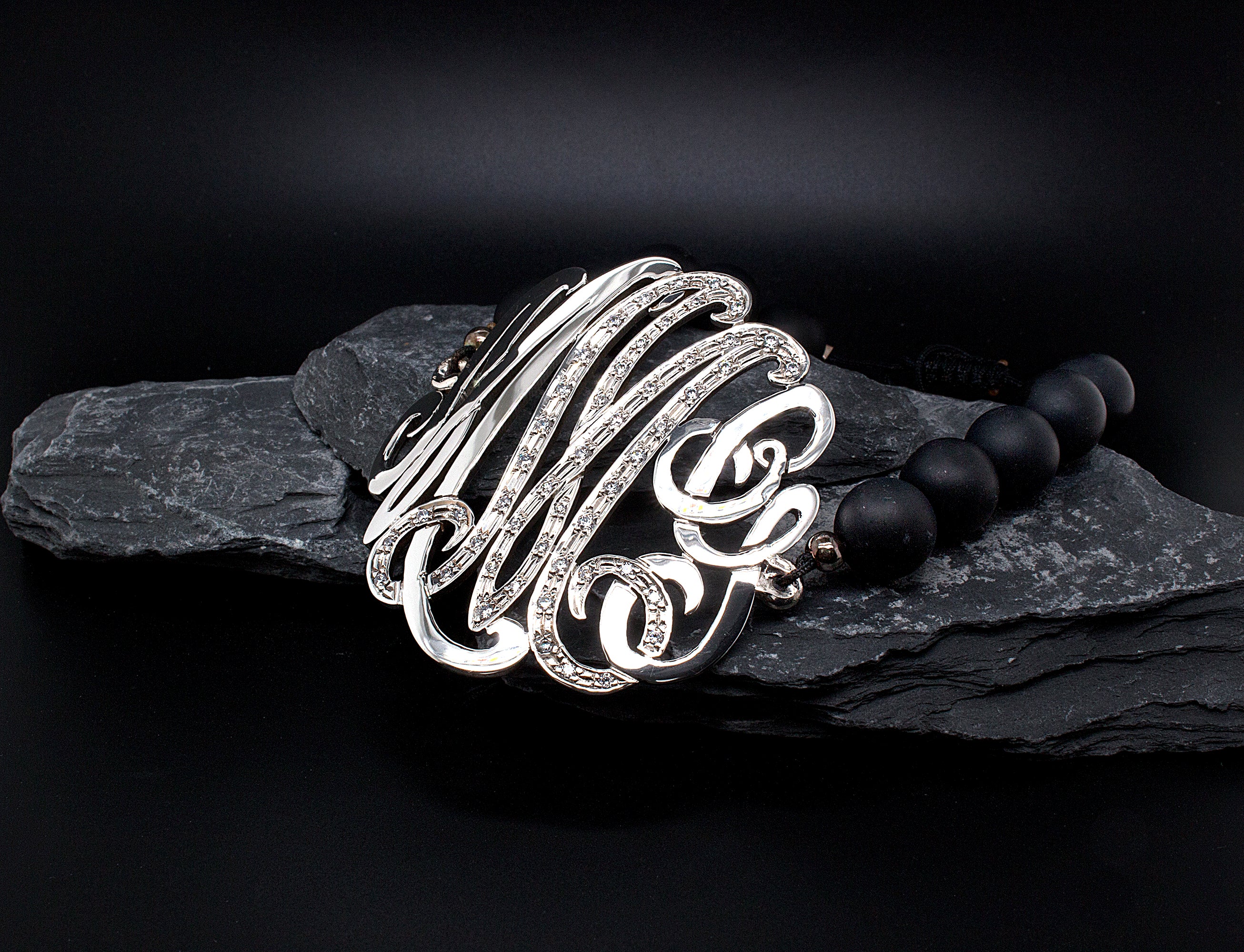 silver, silver bracelet on white background,  monogram, monogram bracelet, beaded bracelet, black beads, matte beads, adjustable bracelet, cubic zirconia bracelet, adjustable bracelet, custom made, initial, initial bracelet