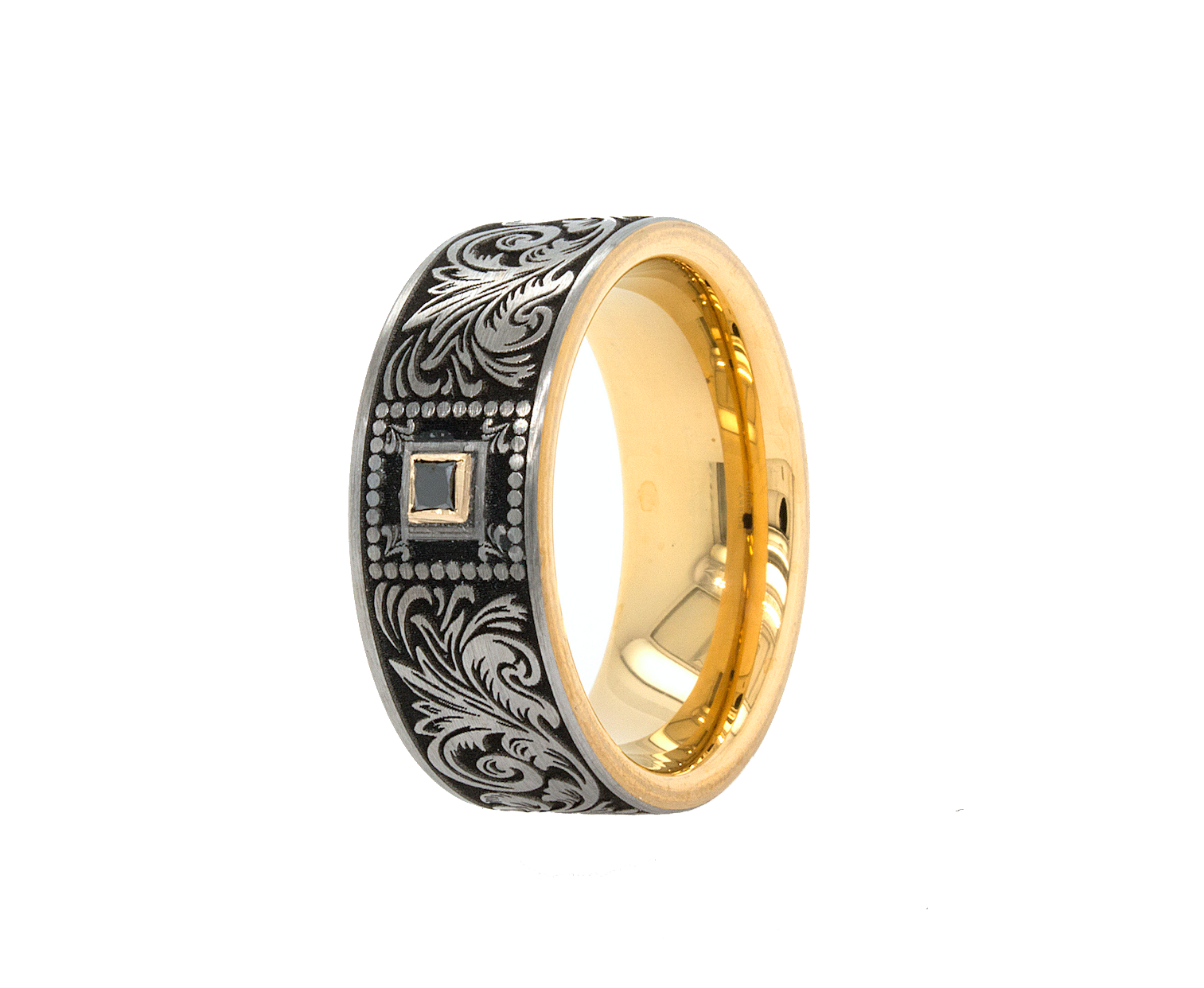 ring, ring with white background, tungsten ring, wedding band, tungsten wedding band, square shaped diamond, black diamond, yellow gold plated tungsten ring, victorian style wedding band, victorian designs