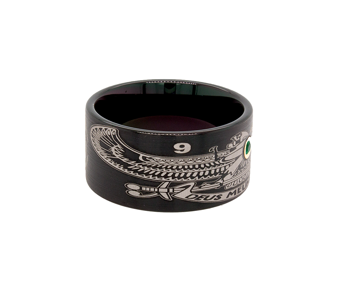 ring, ring on white background, black tungsten, black plated tungsten ring, custom ring, engraved ring, emerald ring, pipe cut ring, ring with emerald, gemstone wedding band, masonic ring, ring with masonic symbols, mason ring