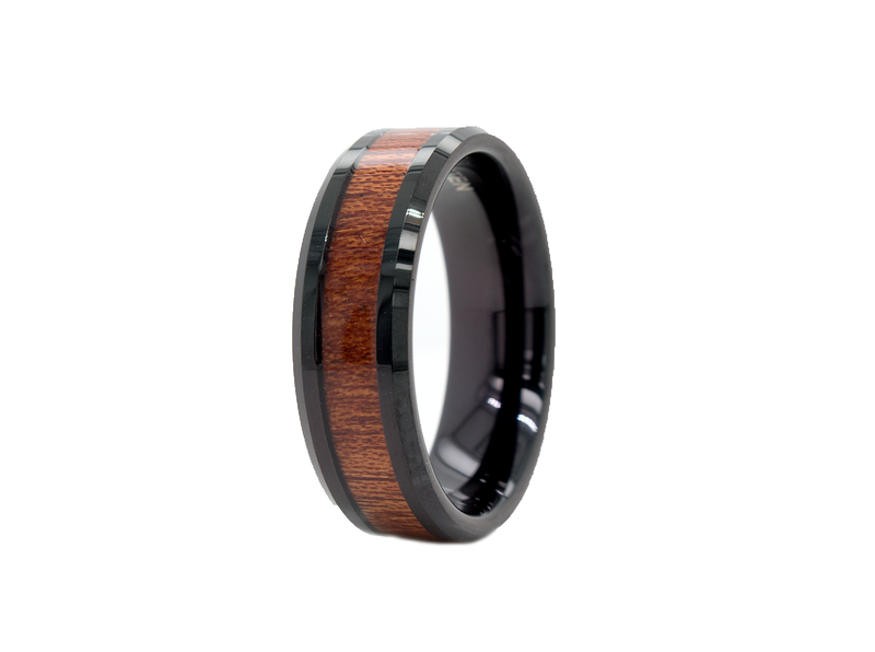 ring, ring with white background, tungsten ring, black ring, black plated tungsten ring, wooden ring, ring with wooden inlay, wedding band, polished ring, mens wedding band, women's wedding band