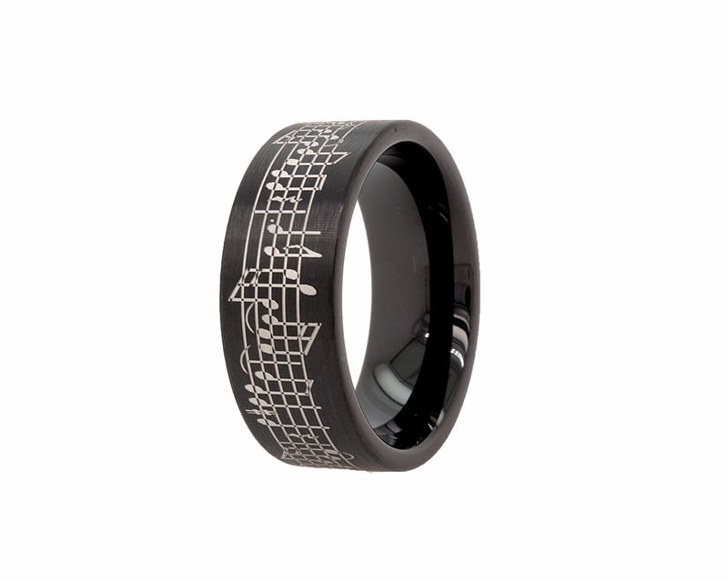 9mm Custom Made Black Plated Pipe Cut Tungsten Ring with Custom Musical Notes
