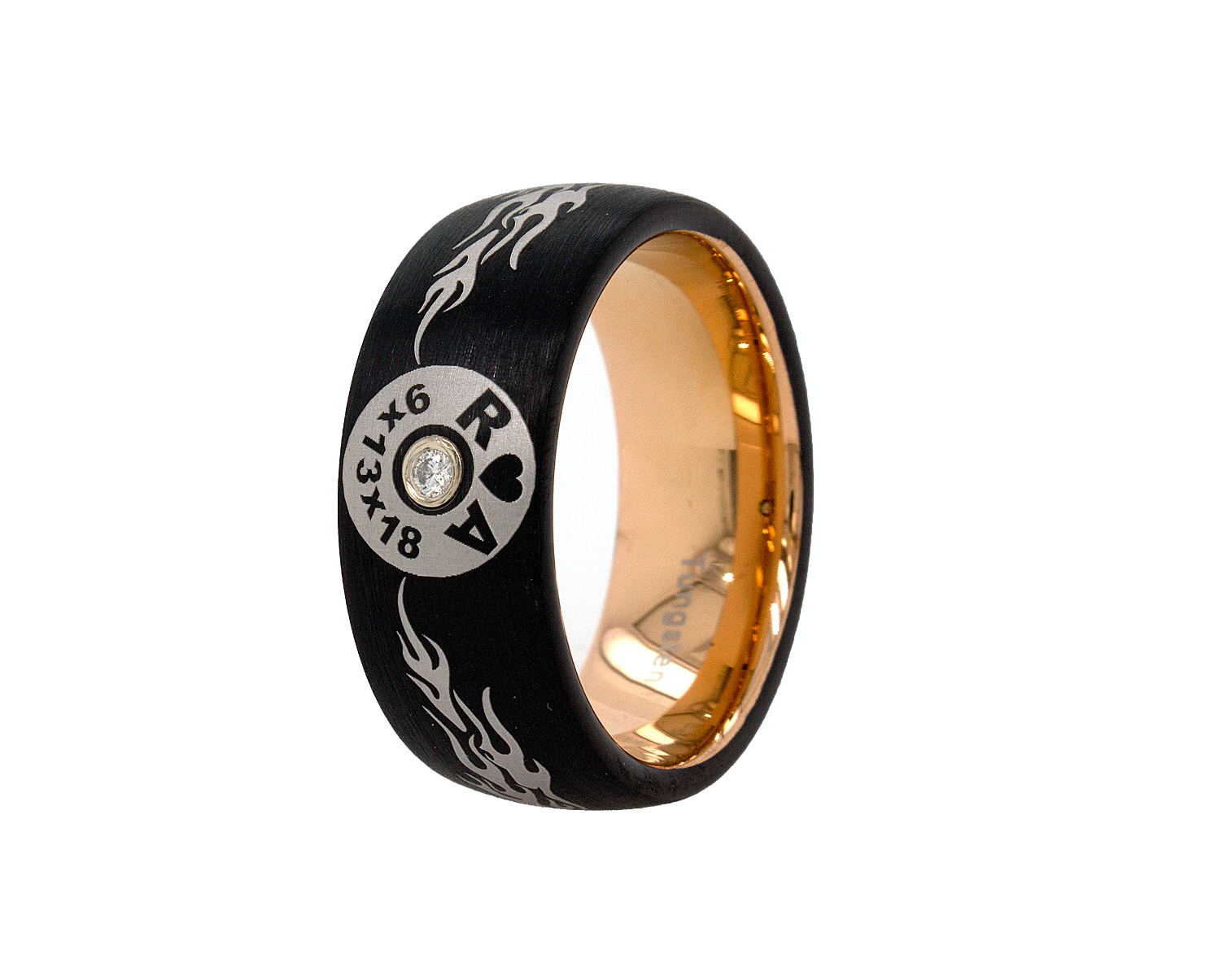ring, ring on white background, rose gold plated tungsten, diamond wedding band, personalized ring, personalized initial ring, ring with initials, military ring, military engraving, meaningful jewelry, wedding band for men, wedding band for women