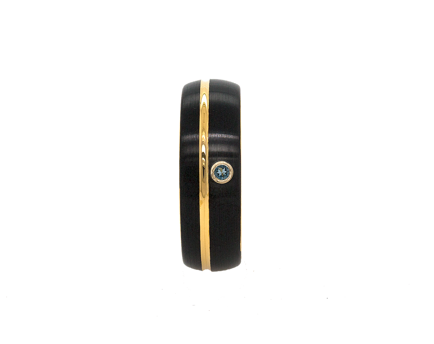 ring, ring on white background, tungsten ring, dome shaped ring, black ring, yellow gold ring, grooved ring, ring with gemstone, gemstone, aquamarine, wedding band, mens rings, women's rings