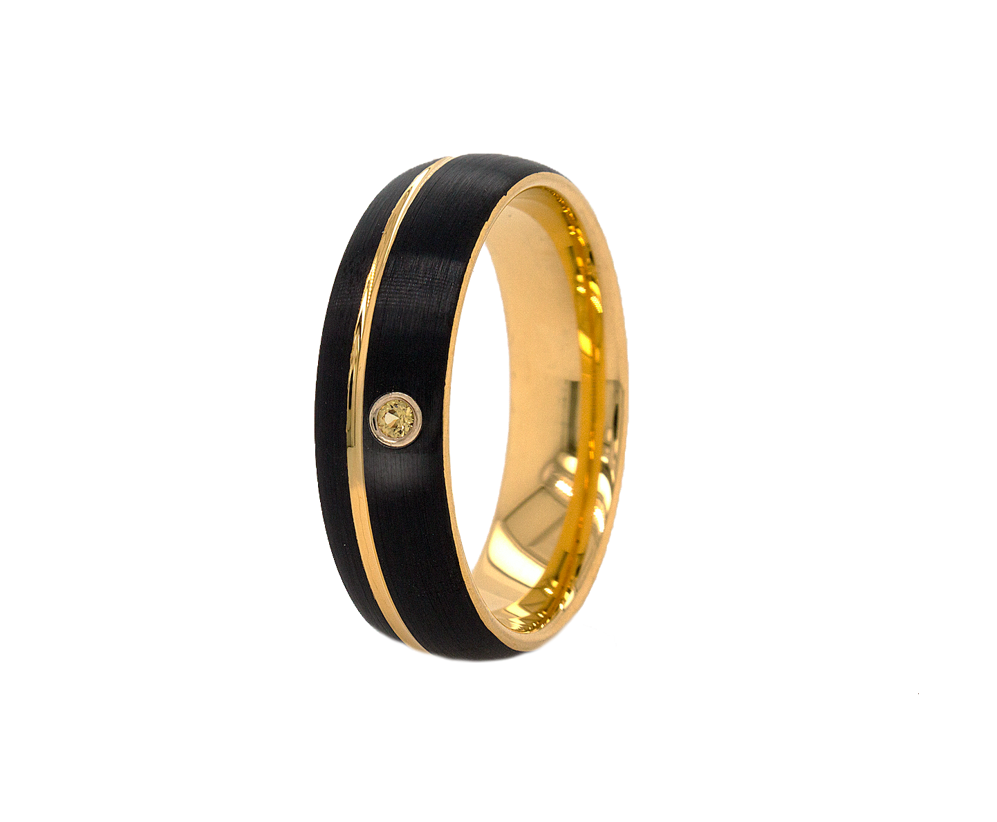 ring, ring on white background, black ring, brushed black ring, yellow gold ring, yellow gold plated ring, citrine ring, gemstone ring, ring with gemstone, 7mm ring, wedding band, mens wedding band, women's wedding band