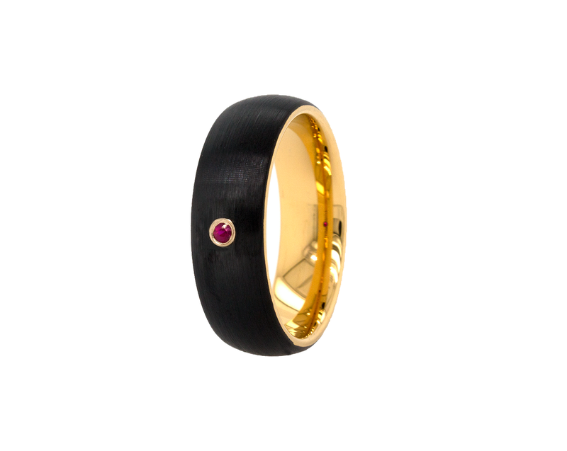 ring, ring on white background, mens rings, women's rings, brushed ring, polished interior, black plated tungsten ring, ring with ruby, ring with gemstone, round shaped ruby, yellow gold plated tungsten, tungsten ring, wedding band