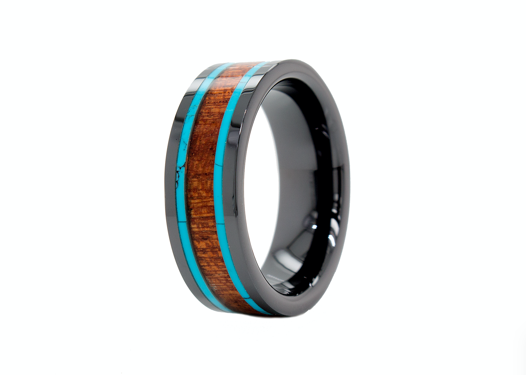 ring, ring on white background, black ring, black plated ring, mens wedding band, wooden wedding band, ring with turquoise inlay, turquoise ring, wood ring, black ring, flat shaped ring, mens wedding band, women's wedding band