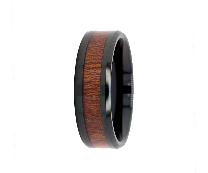 ring, ring with white background, tungsten ring, black ring, black plated tungsten ring, wooden ring, ring with wooden inlay, wedding band, polished ring, mens wedding band, women's wedding band