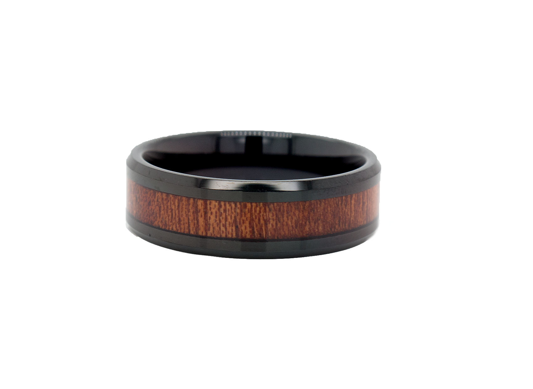 ring, ring with white background, tungsten ring, black ring, black plated tungsten ring, wooden ring, ring with wooden inlay, wedding band, polished ring, mens wedding band, women's wedding banda