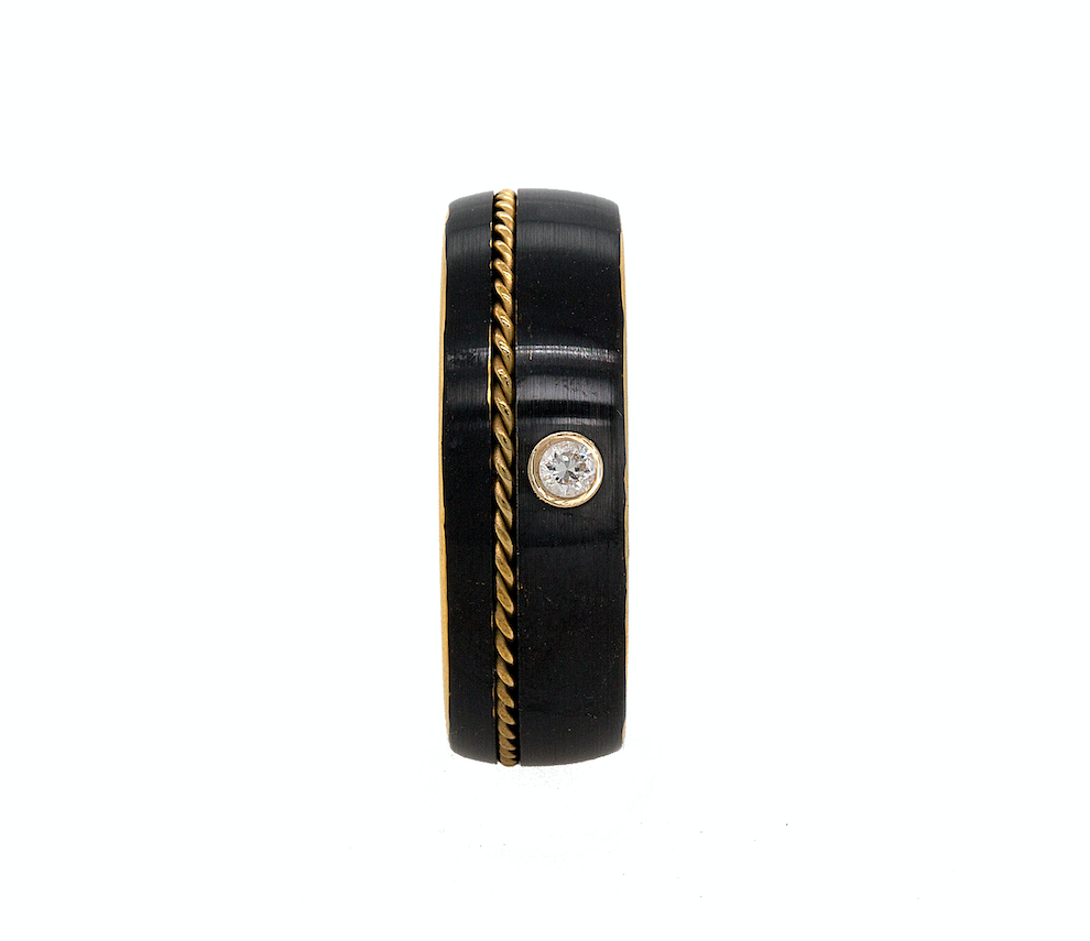 ring, ring on white background, tungsten, tungsten ring, wedding band, mens rings, wedding band, tungsten wedding band, black ring, yellow gold plated ring, ring with diamond, diamond wedding band, round shaped diamond, twisted rope inlay