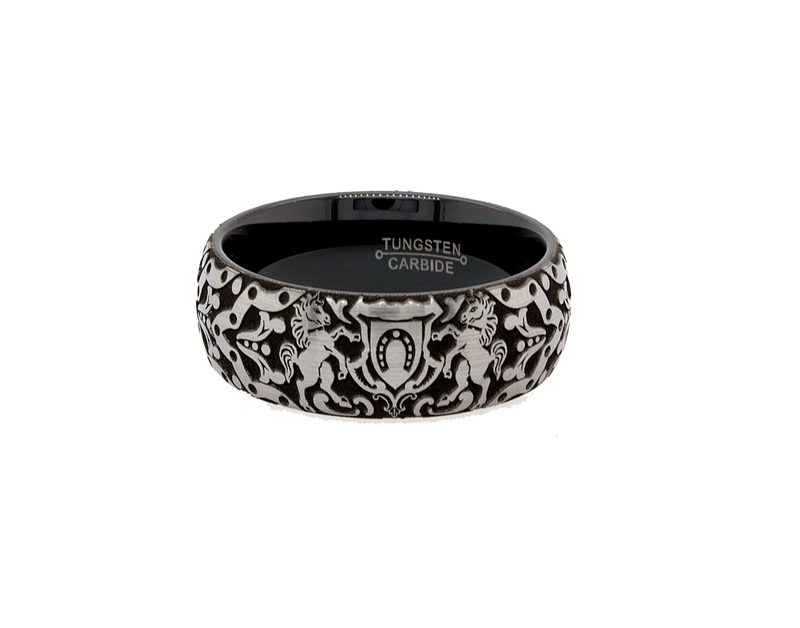 ring, ring on white background, black ring, dome shaped ring, engraved ring, horseshoe ring, medieval ring, mens ring, wedding band, women's wedding band