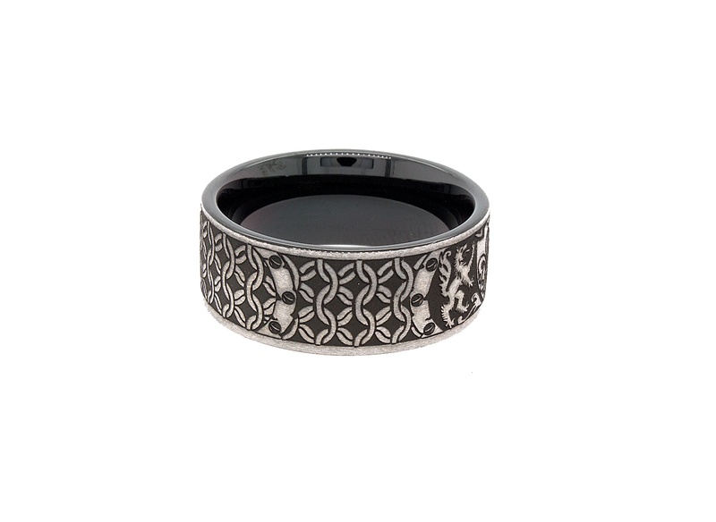 ring, ring on white background, black ring, black and silver ring, medieval ring, black ring, flor de lis, medieval engravings, wedding band, mens wedding band
