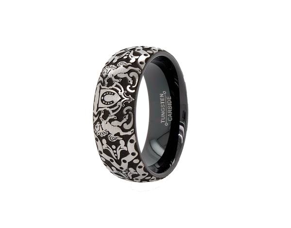 ring, ring on white background, black ring, black plated tungsten, horseshoe ring, ring with horses, medieval ring, wedding band  Edit alt text