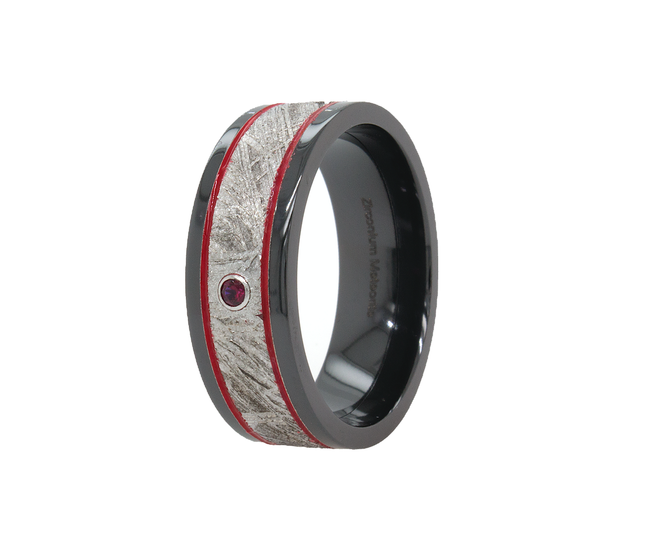 ring, ring on white background, black zirconium ring, black zirconium wedding band, wedding band, real meteorite ring, meteorite zirconium ring, garnet ring, round shaped garnet, ring with red lines, mens wedding band, women's wedding band