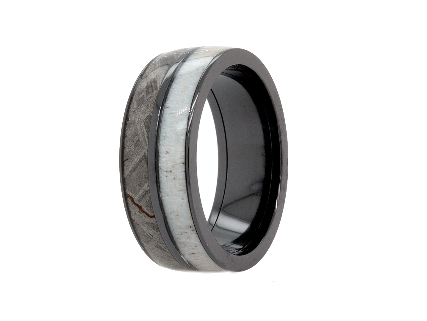 ring, ring with white background, mens rings, women's ring, black zirconium, black zirconium ring, real antler ring, real meteorite ring, meteorite ring, polished ring