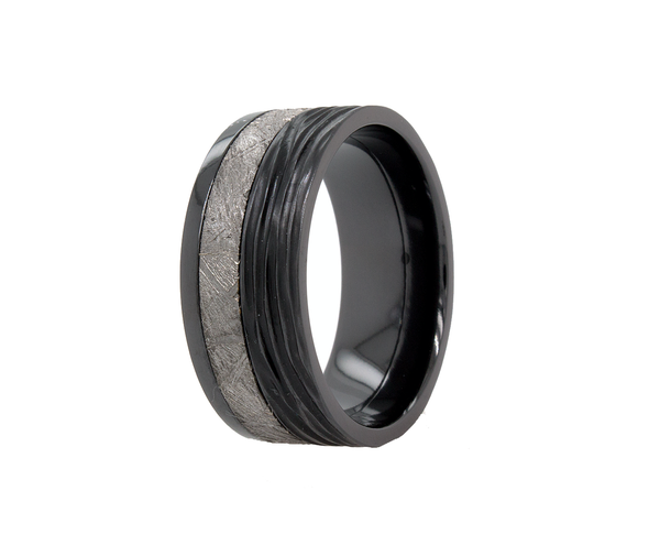 9mm Custom Made Black Zirconium Ring with Real Meteorite Inlay and Natural Textures
