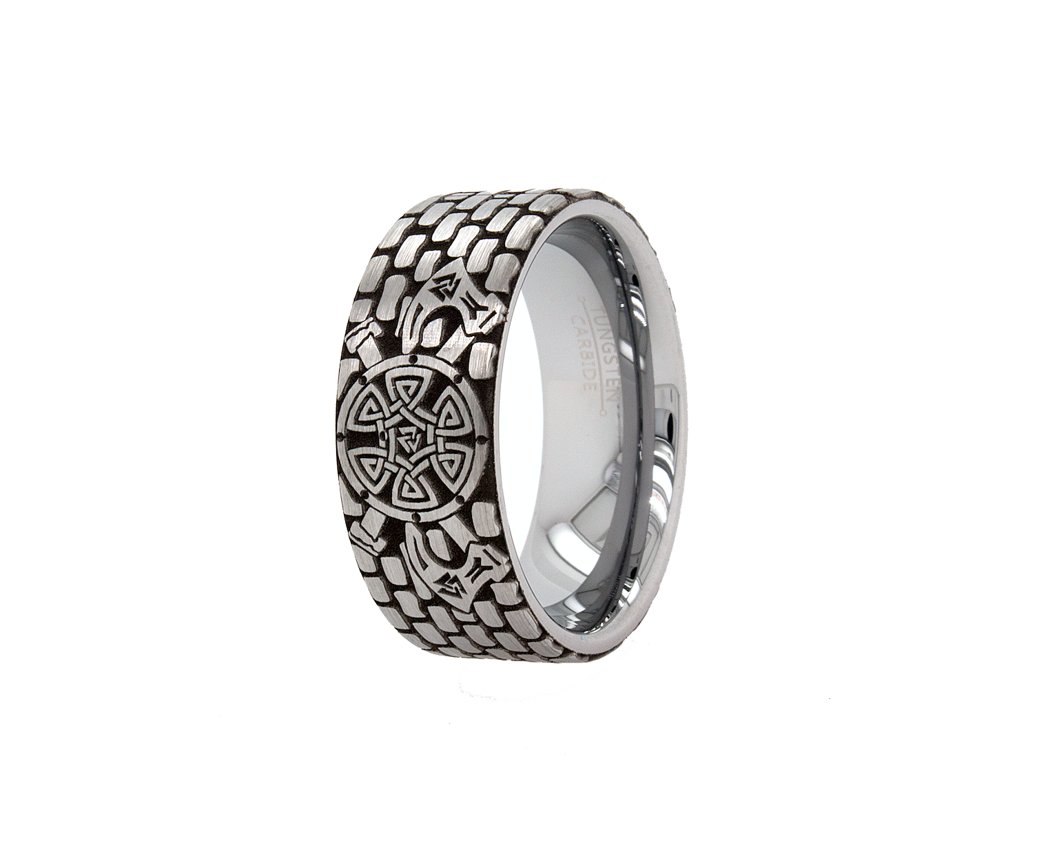 ring, tungsten ring, ring on white background, tungsten wedding band, ring with brick pattern, brick ring, viking ring, ring with viking shield, shield, viking shield, ax, sword