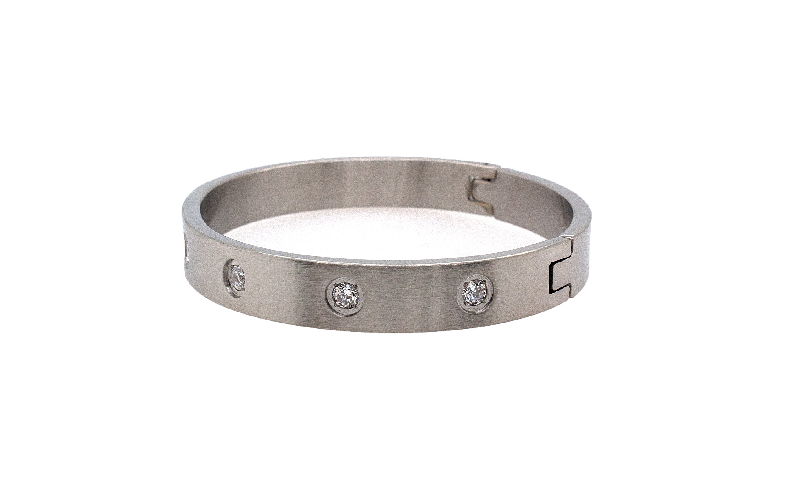 bracelet, bracelet on white background, bangle bracelet, bracelet with stones, brush finished bracelet, cz bracelet, silver bangle, womens bracelet, cartier love bracelet dupe