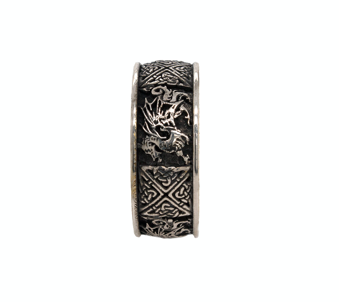 ring, ring on white background, sterling silver ring, oxidized ring, yellow gold plated ring, engraved ring, custom ring, custom engraving, celtic designs, celtic knot engraving, dragon engraving, dragon ring, unique ring, mens ring, women's ring