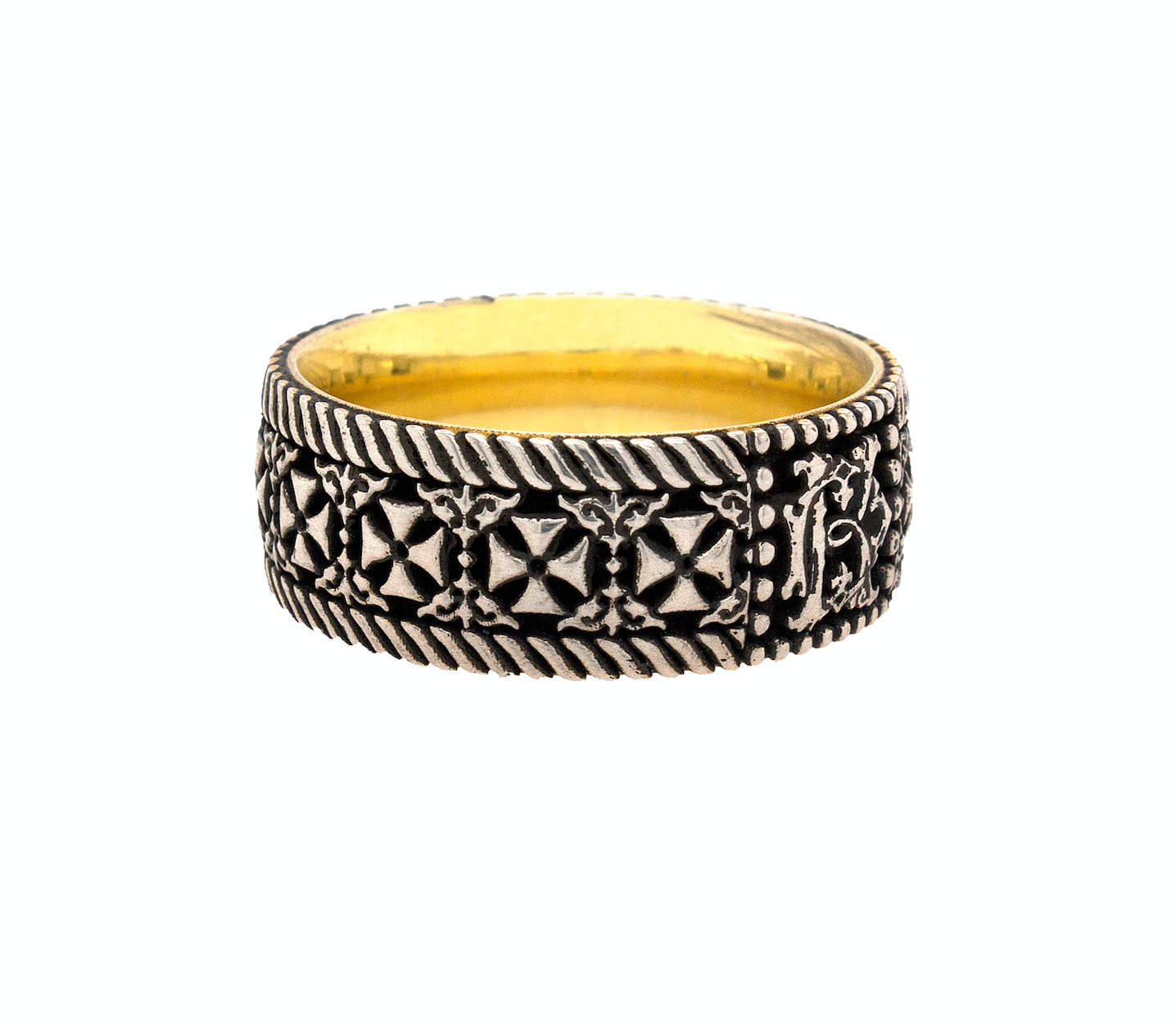 ring, ring on white background, yellow gold plated ring, silver ring, sterling silver ring, cross ring, monogram ring, custom monogram, personalized initials, celtic crosses, mens ring, women's ring