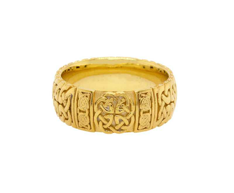 ring, ring on white background, solid golf ring, gold ring, yellow gold ring, mens ring, women's ring, engraved ring, custom ring, celtic knot ring, celtic knot, irish ring