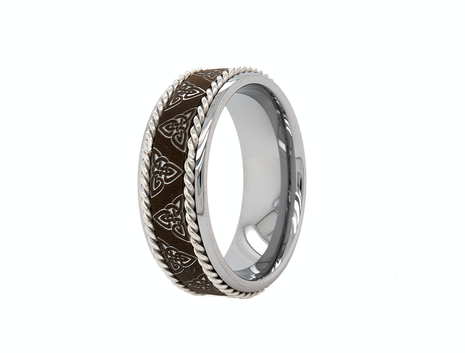 ring, ring on white background, tungsten ring, engraved ring, twisted rope inlay, celtic wedding band, celtic knot, celtic knot engraving, matte ring, polished ring, wedding band, irish ring, wedding band for men, wedding band for women