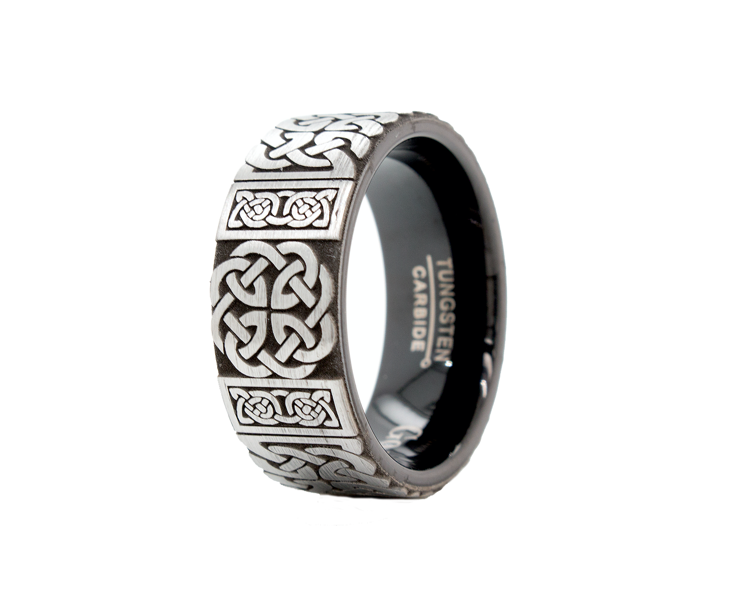 ring, ring with white backgrounds, tungsten wedding band, black plated tungsten, celtic knot engraving, celtic ring, celtic pattern, engraved ring, pipe cut ring