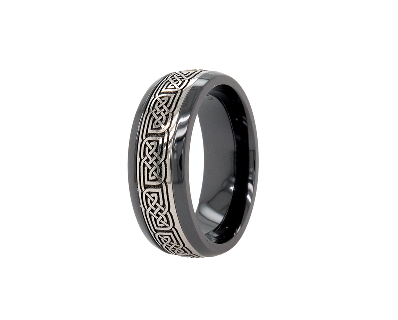 ring, ring on white background, black ring, black ring with celtic knot, celtic knot engraving, celtic wedding band, black zirconium ring, black zirconium ring, celtic knot, 8mm ring, 8mm wedding band, mens wedding band, women wedding band