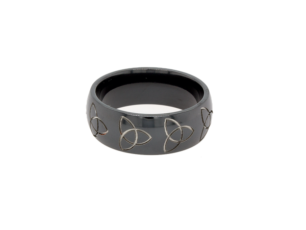 ring, ring on white background, black ring, black zirconium, zirconium wedding band, celtic ring, celtic knot ring, mens ring, women's ring