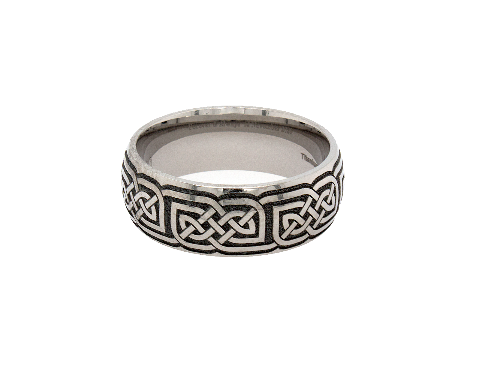ring, ring on white background, titanium ring, 8mm ring, engraved ring, celtic ring, celtic knot engraving, wedding band, mens wedding band, women's wedding band, titanium wedding band, custom ring, irish ring, silver color ring