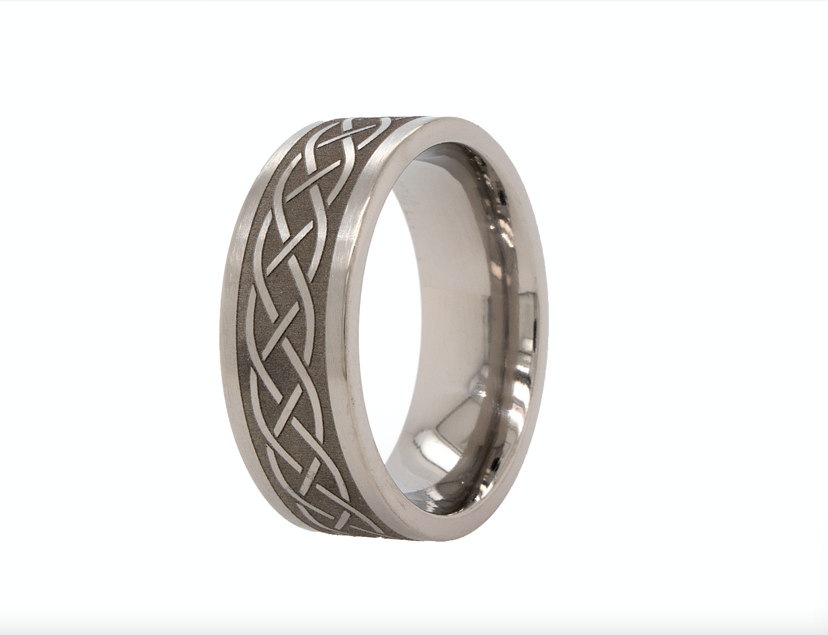 ring, ring on white background, titanium ring, titanium wedding band, celtic knot ring, celtic knot engraving, engraved ring, irish ring, custom wedding band, personalized ring, brushed ring, wedding band for men, custom wedding band