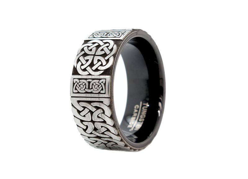 ring, ring with white backgrounds, tungsten wedding band, black plated tungsten, celtic knot engraving, celtic ring, celtic pattern, engraved ring, pipe cut ring