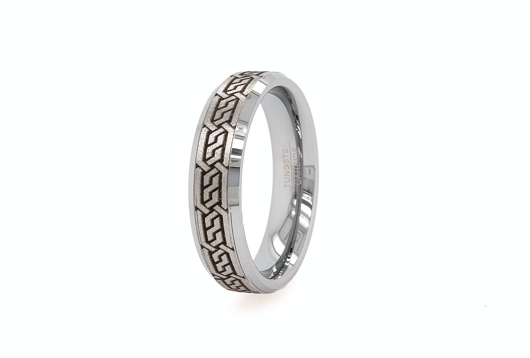 ring, ring on white background, 6mm ring, 6mm wedding band, 6mm tungsten ring, mens wedding band, matte ring with beveled edges, celtic inspired engravings, engraved ring, celtic wedding band, mens wedding band, women's wedding band, thin tungsten ring