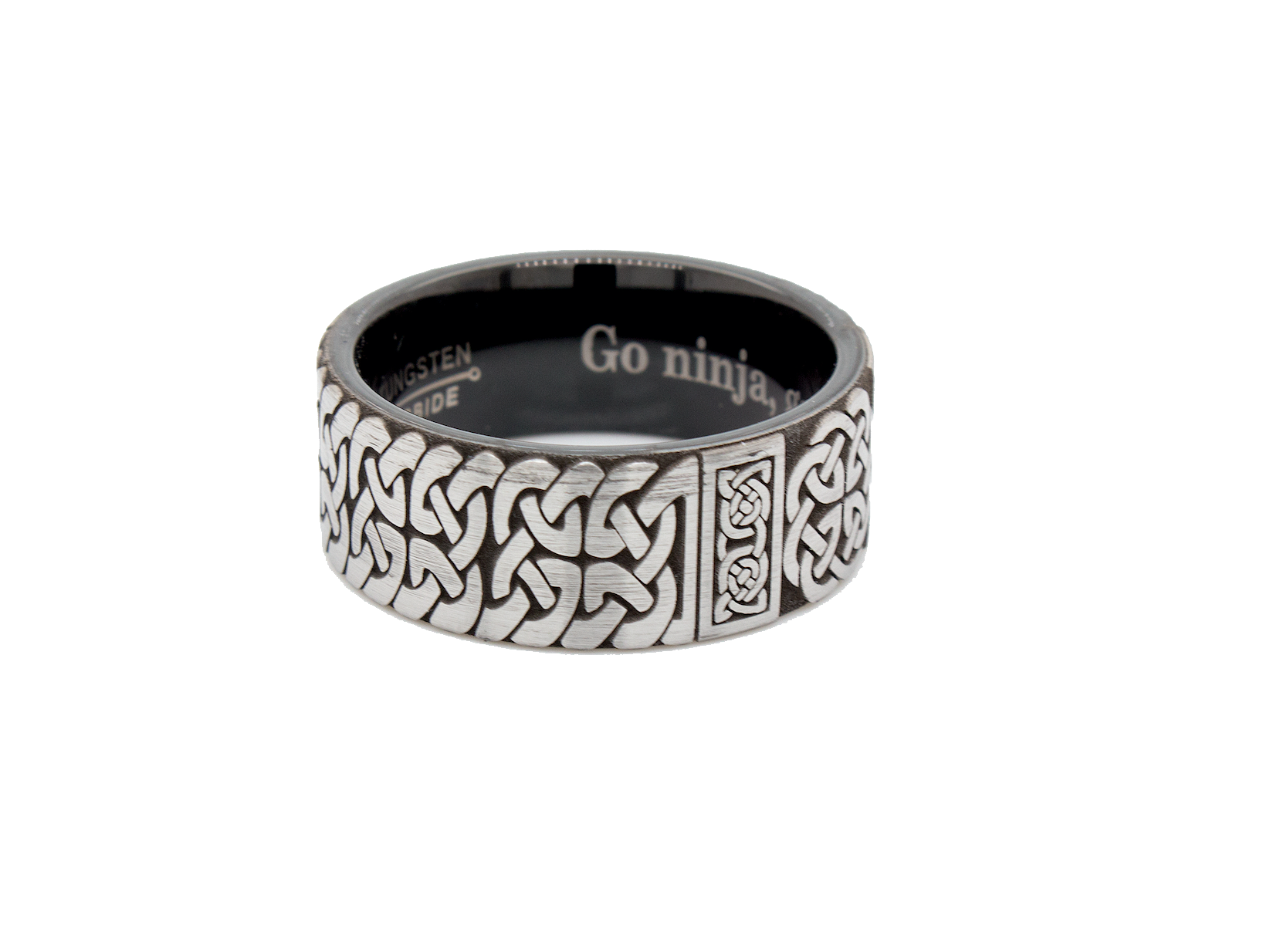 ring, ring with white backgrounds, tungsten wedding band, black plated tungsten, celtic knot engraving, celtic ring, celtic pattern, engraved ring, pipe cut ring